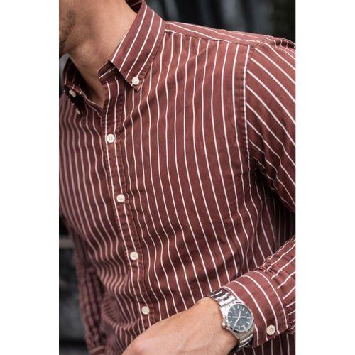 Chad Modal Kumaş Çizgili Yazlık Relaxed Fit Erkek Gömlek - Kahve