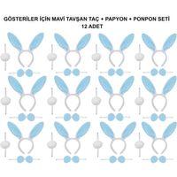 Mavi Tavşan Kostüm Seti – Taç, Papyon, Ponpon (12’li Paket)