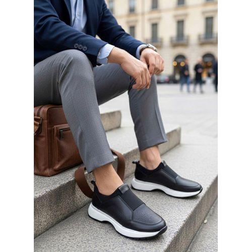 BA0244 İçi Dışı Hakiki Deri Bantlı Rahat Taban Casual Siyah Erkek Ayakkabı