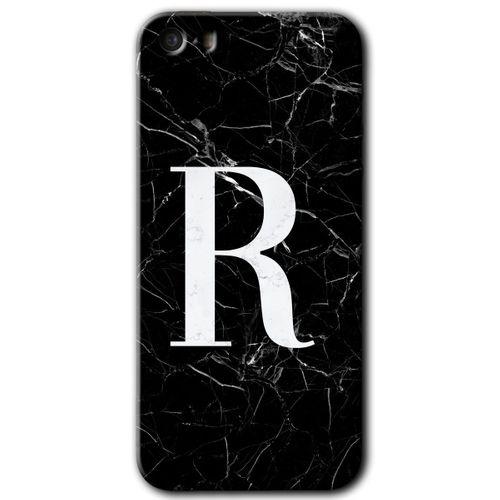 MRCİLETİSİM iPhone 5 Kılıf HD Desen Baskılı Arka Kapak + Mat Kobra Cam - Siyah Mermer Desenli R Harfi