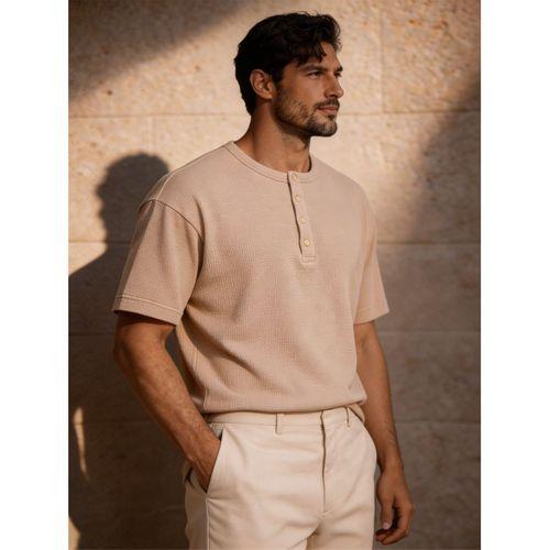 Roth Relaxed Fit Günlük Henley Yaka Waffle Kumaş Yazlık Kısa Kollu T-Shirt - Bej