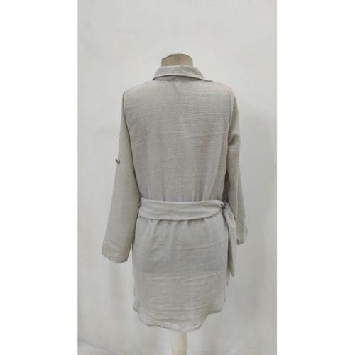 Kadın Uzun Kollu Yakalı önden Düğmeli Beli Kuşaklı Mini Ithal Keten Elbise