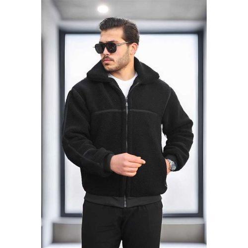 İçi Astarlı Şerit Detaylı Peluş Erkek Mont - Siyah
