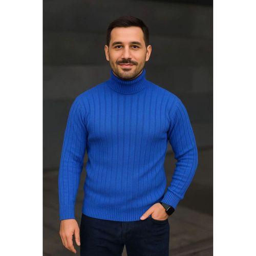 Erkek Balıkcı Yaka Bağazlı Triko Kazak Pamuklu Kalın Fitilli Dokuma, Regular Fit Uzun Kollu Kışlık Model - Saks Mavisi