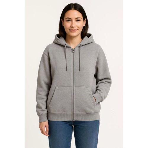 Üç İplik Kapüşonlu Tam Fermuarlı Kanguru Çepli SweatShirt Hoodie - Gri