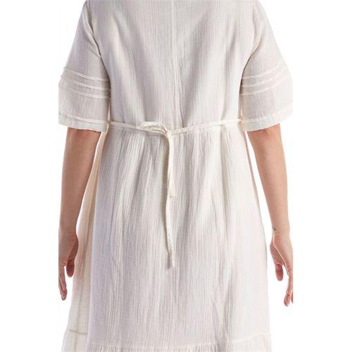 Kısa Kol Kırık Beyaz Kare Yaka Cep Detaylı Midi Boy Müslin Yazlık Elbise