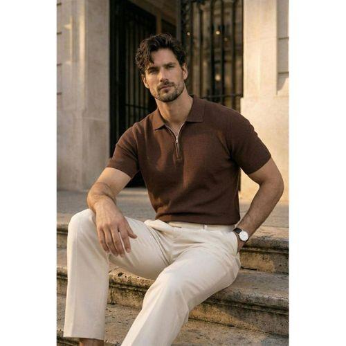 Jeff Selanik Örgü Polo Yaka Yarım Fermuarlı İnce Triko Erkek T-Shirt - Kahve