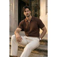Jeff Selanik Örgü Polo Yaka Yarım Fermuarlı İnce Triko Erkek T-Shirt - Kahve