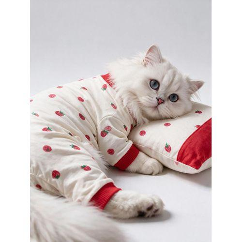 Tatlı Çilek Kedi Uyku Seti | Penye Kedi Tulum ve Mini Yastık Takımı | Pamuklu | Tüy Dökülmesini Azaltır |