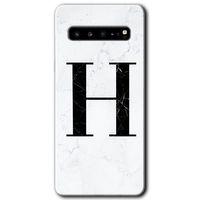 MRCİLETİSİM MRCİLETİSİM Samsung Galaxy S10 Plus Kılıf HD Desen Baskı Arka Kapak + TemperliCam - Beyaz Mermer Desenli H Harf