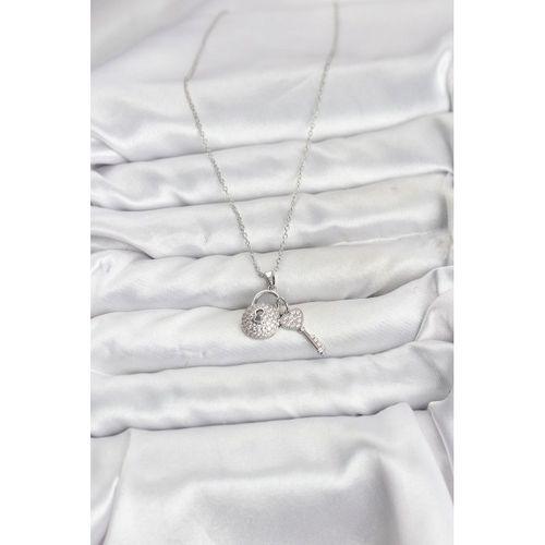 316L Çelik Zincir Gümüş Renk Kilit Anahtar Model Zirkon Taşlı Kadın Kolye