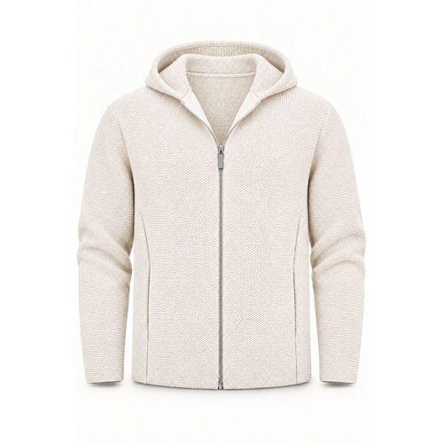 Lugona Çelik Örgü Kapüşonlu Fermuarlı Erkek Ceket - Ekru