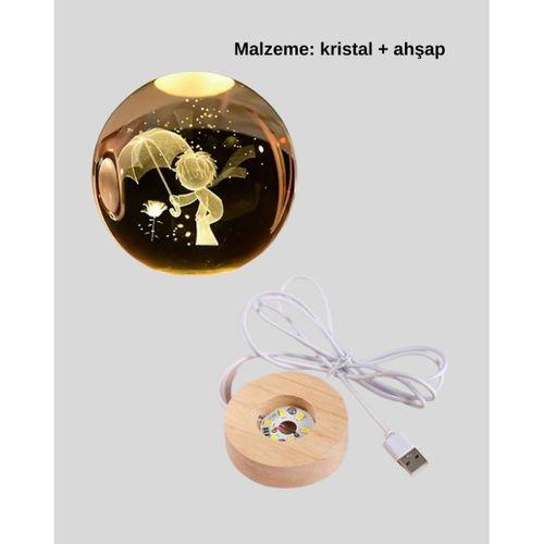 Led Aydınlatmalı 3d Küçük Prens Kristal Küre Ahşap Standlı Masa Gece Lambası