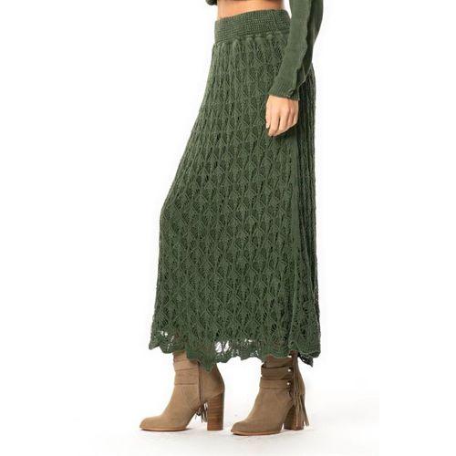 Beli Lastikli Elvan Sonbahar ve Kışlık Uzun Örgü Triko Etek Haki Hk