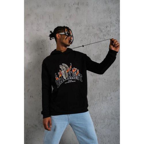 Erkek Oversize Kapüşonlu Sweatshirt – Siyah Renk Üç İplik İçi Pamuklu Kanguru Cepli Baskılı Hoodie Rahat Kalıp Kışlık Günlük Kombinlere Uygun - Siyah