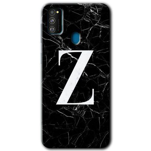 Samsung Galaxy M21 Kılıf Baskılı Kapak - Siyah Mermer Desenli Z Harfi + 5D Tam Kaplayan Cam