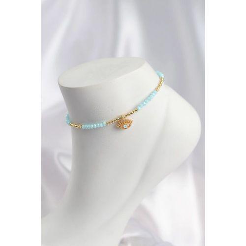 Turkuaz Renk Boncuklu Nazarlı Göz Figürlü Halhal