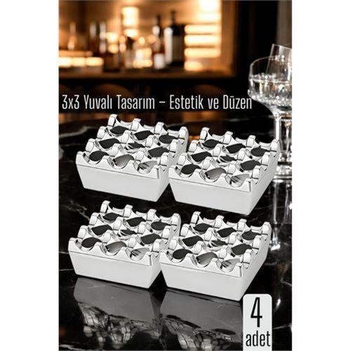 4 lü Metal Döküm Küllük – 3x3 Yuvalı, Krom , Modern ve Ağırlıklı Tasarım