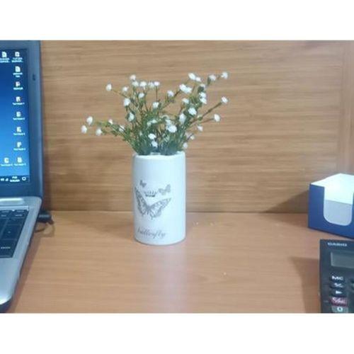 2 Adet Vazo Dahil,Vazoda Çiçek,Beyaz Yapay Çiçek,Vazo Dekoratif Kelebek Desenli 7X7X16Cm