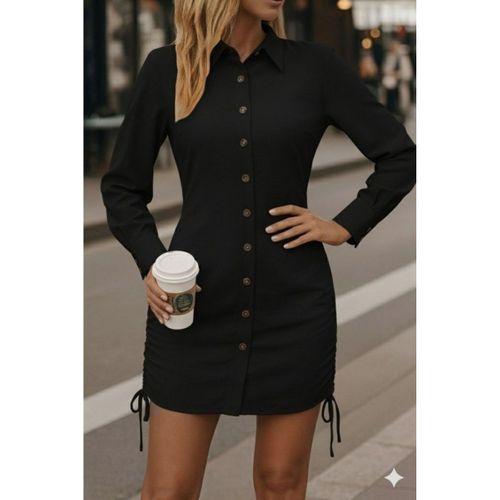 Kadın Uzun Kollu Gömlek Yaka önden Düğmeli Yanlardan Büzgülü Kısa Aerobin Elbise