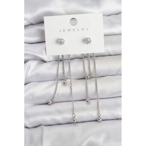 Topçuk Model Gümüş Renk Pirinç Sallantılı Kadın Küpe Seti