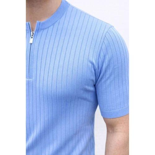 Erkek Kısa Kol Fitilli Triko T-Shirt Yazlık Hakim Yaka Tişört - Bebek Mavisi