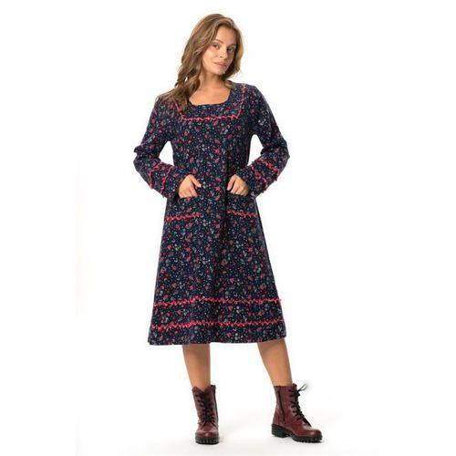 Uzun Kol Firdevs Kare Yaka Cep Detaylı Kısa Kışlık Pazen Elbise Çiçek Desen Lacivert Lcvt