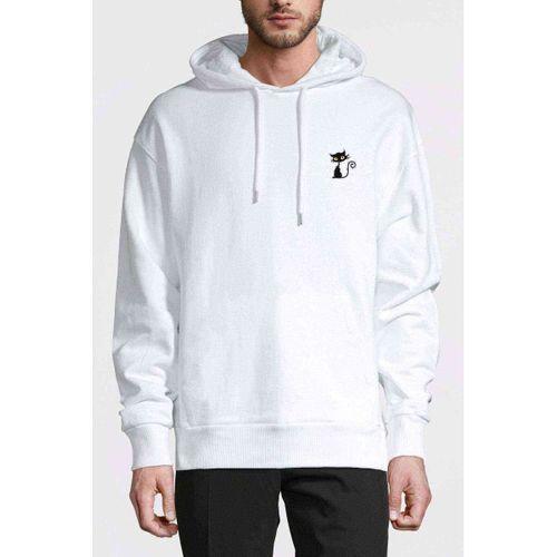 Kara Kedi Baskılı Beyaz Erkek Kapşonlu Sweatshirt
