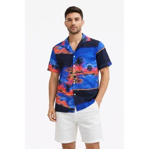 Erkek Tropikal Ada Manzara Desenli Kısa Kol Gömlek Hawaii Tarz Yazlık Rahat Kalıp - Desenli