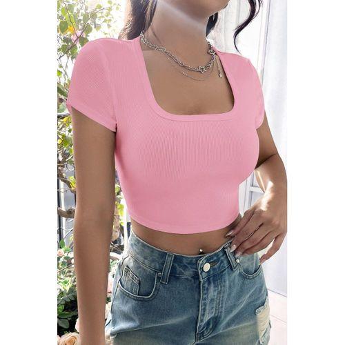 Kadın Pembe Yarım Kol Düz Yaka Crop Top Bluz