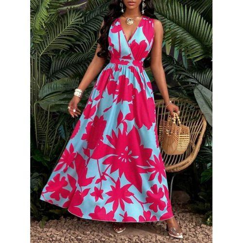 Kadın Askılı Kruvaze Yakalı çiçek Desenli Uzun Süprem Elbise