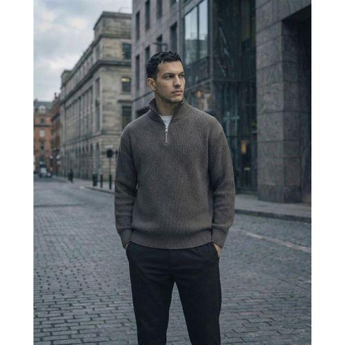 Nolan Oversize Selanik Örgü Yarım Fermuar Erkek Triko Kazak - Füme