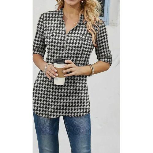 Kadın Uzun Kollu Hakim Yaka Yakadan Fermuarlı Geometrik Desenli Süprem Bluz