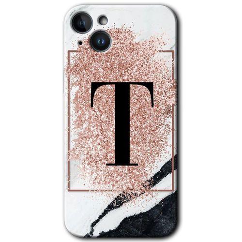 iPhone 14 HD Baskılı Kılıf + 9D Tam Ekran Koruyucu - Pembe Mermer Desenli T Harfi