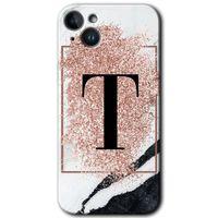 iPhone 14 HD Baskılı Kılıf + 9D Tam Ekran Koruyucu - Pembe Mermer Desenli T Harfi