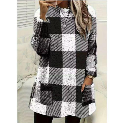 Kadın Uzun Kollu Yarı Balıkçı Yakalı Cep Detaylı Ekoseli Dokuma Tunik