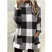 Kadın Uzun Kollu Yarı Balıkçı Yakalı Cep Detaylı Ekoseli Dokuma Tunik