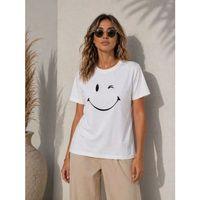 Minimal Gülümseyen Yüz Baskılı Tişört Kısa Kol Yazlık T-Shirt - Beyaz