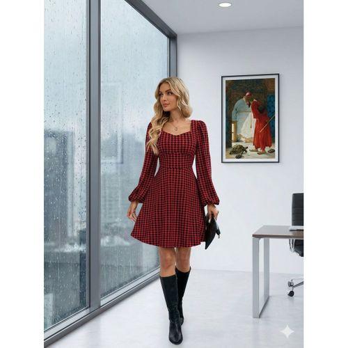 Kadın Uzun Kollu Kare Kalp Yakalı Mini Modal Elbise