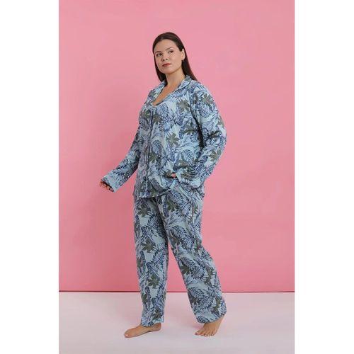 Kadın Büyük Beden Mavi Tropikal Desenli Düğmeli Pijama Takımı