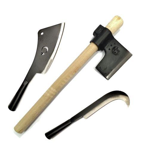 Çelikten Dövme El Yapımı Satır Tahra Nacak Balta 3 lü Set