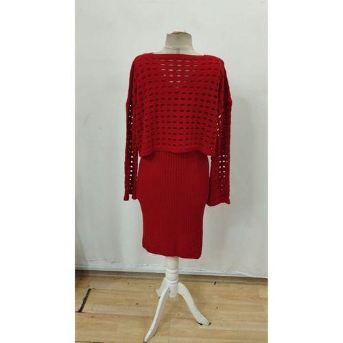 Kadın Uzun Kollu Delikli Kazak Askılı Elbise Triko Ikili Takım