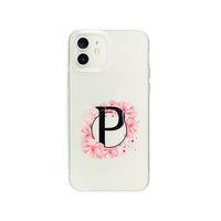 iPhone 12 Pembe Çiçek Desen P Harfli Premium Şeffaf Telefon Kılıfı