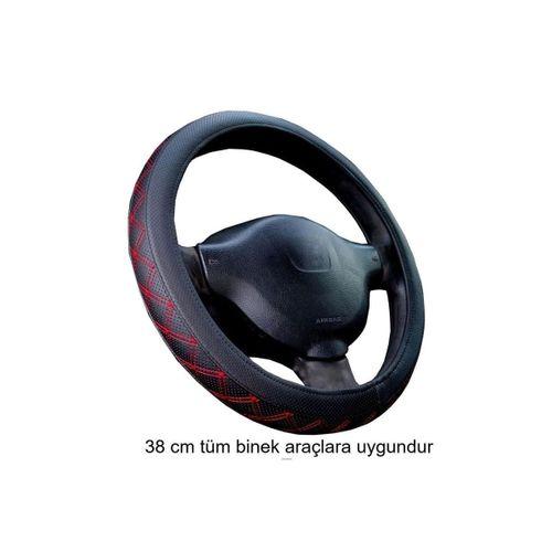 Direksiyon Kılıfı Siyah 38 Cm Geçmeli Binek Araçlara Kırmızı Nakışlı