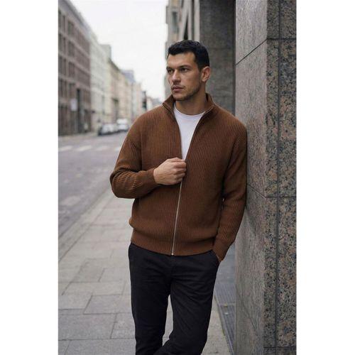 Woody Oversize Selanik Örme Fermuarlı Erkek Hırka- Kahve