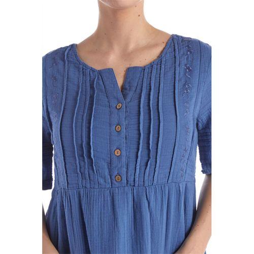 Kısa Kol İndigo Kare Yaka Cep Detaylı Midi Boy Müslin Yazlık Elbise