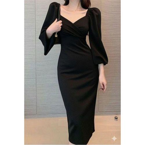 Kadın Uzun Kollu Kalp Yakalı Midi Ithal Krep Elbise