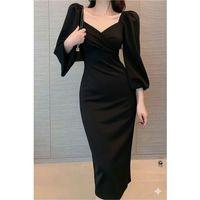 Kadın Uzun Kollu Kalp Yakalı Midi Ithal Krep Elbise