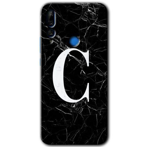 MRCİLETİSİM Huawei P Smart Z Kılıf HD Desen Baskılı Arka Kapak + Temperli Cam - Siyah Mermer Desenli C Harfi
