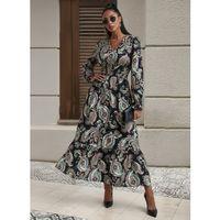 Kadın Uzun Kollu Kruvaze Yaka Beli Lastikli Uzun Desenli Maxi Elbise